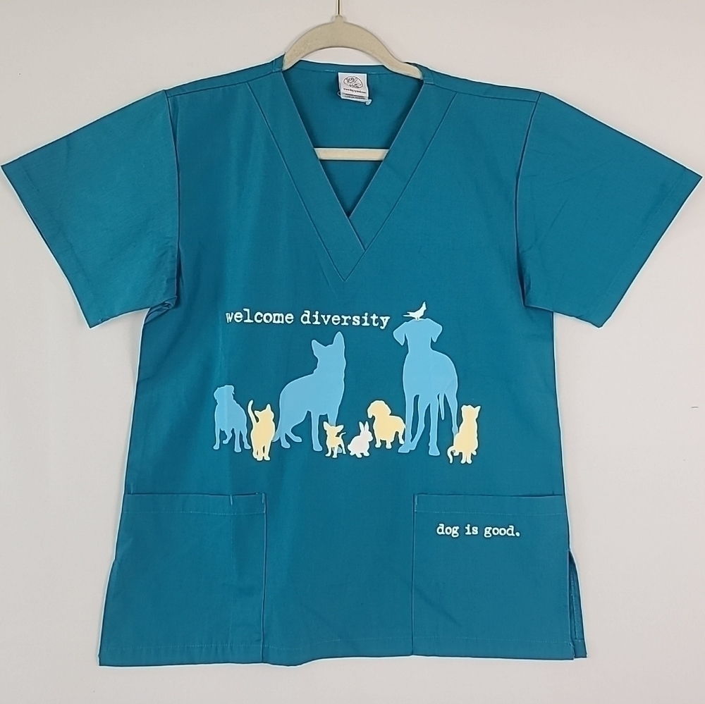 Dog is Good Teal Blue Scrub Top Sz  XS- 'Welcome Diversity" NWOT